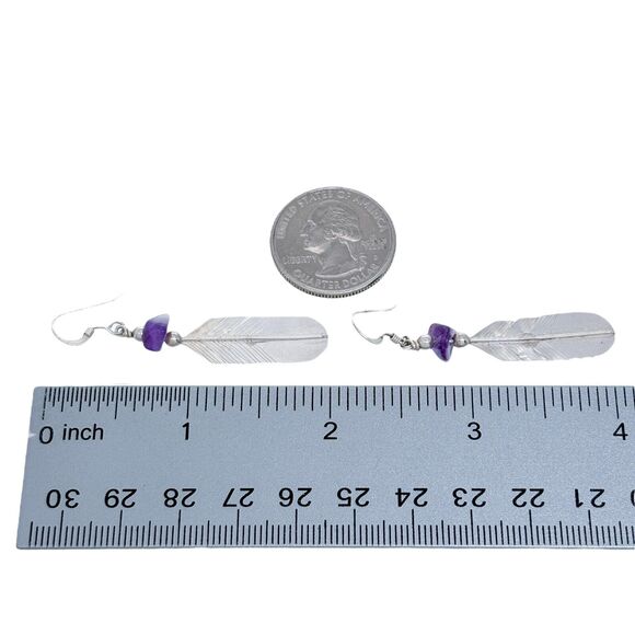 Vintage LHTC Sterling Silver 925 Amethyst Feather Dangle Earrings - Picture 4 of 5